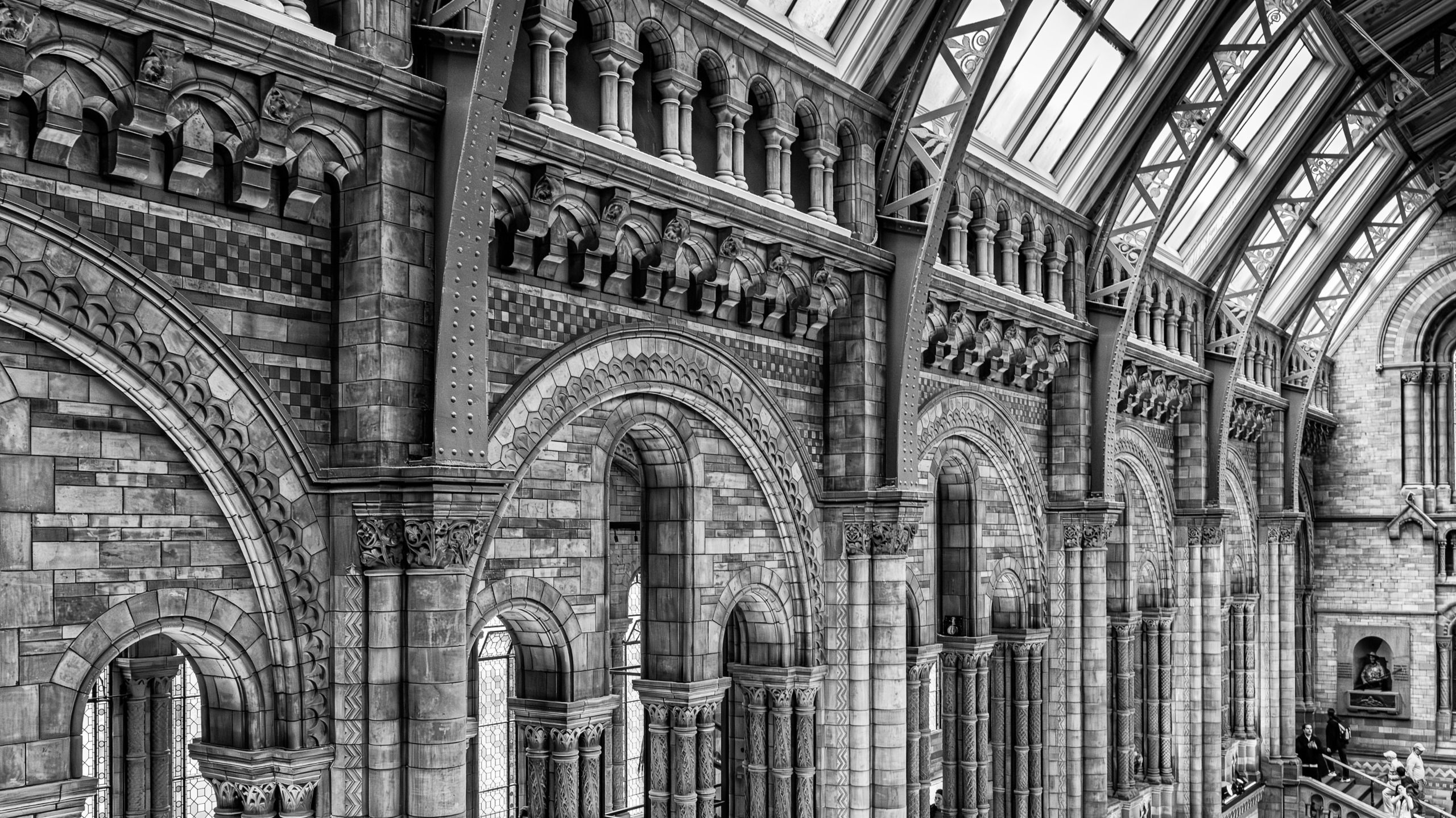 Interior of Hintze Hall at the Natural History Museum in London, showing Romanesque terracotta arches, intricately carved columns, patterned brickwork, and warm natural light streaming through upper windows.